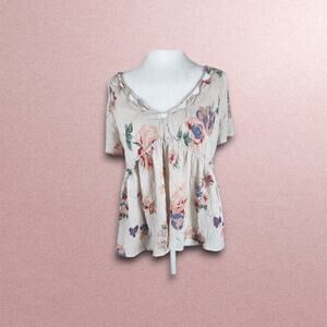 Lucky Brand Pink Floral Peplum Babydoll Crinkle Top Size Small